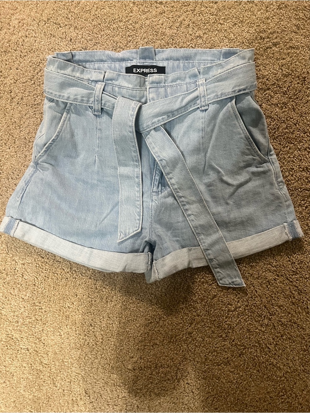 Express Light Blue Paperbag Waist Tie Denim Shorts